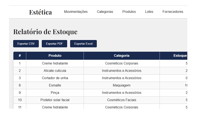 captura de tela da aplicação com relatório de estoque