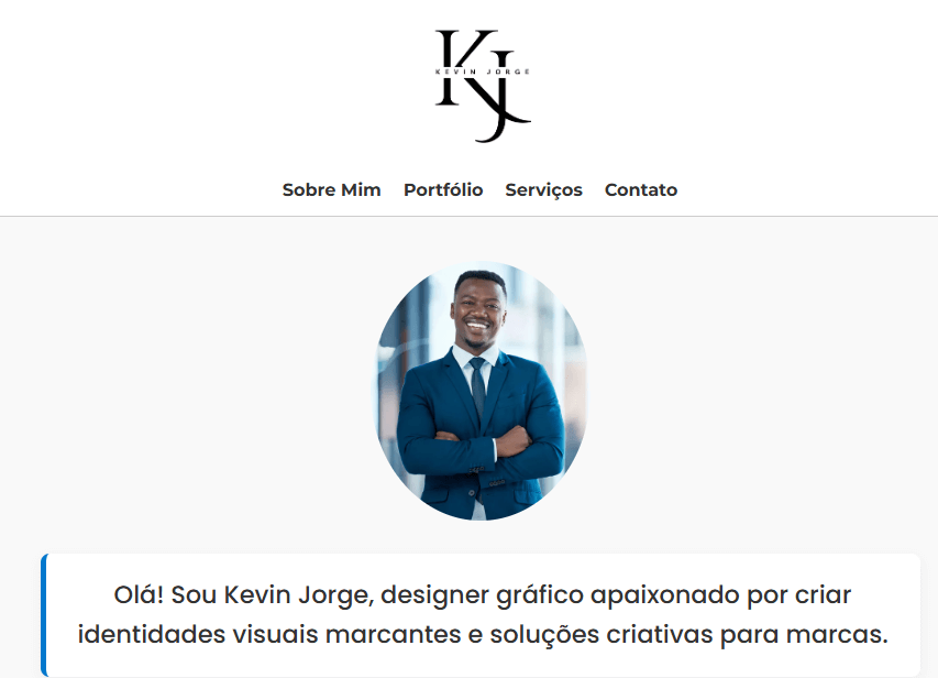 captura de tela da página publicada do portfólio com a foto e logotipo do Kevin